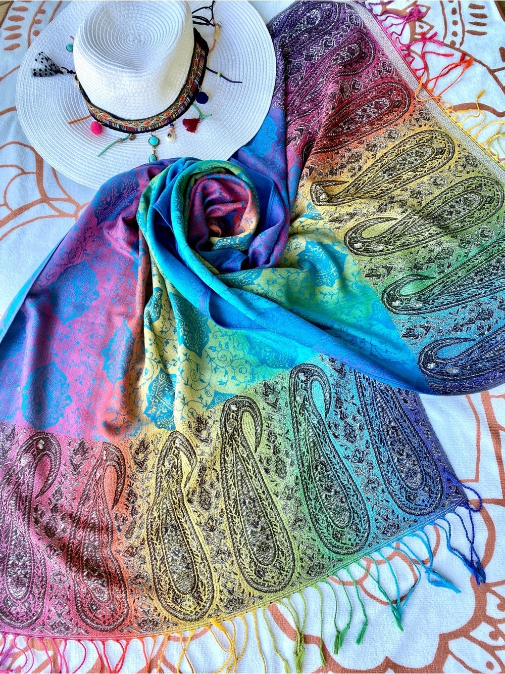 Rainbow 🌈 paisley scarf/wrap/shawl w festival hippy Gypsy shabby chic vibe